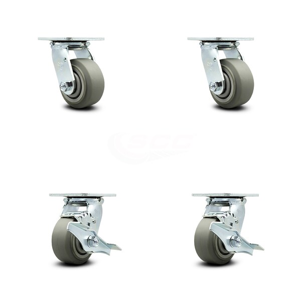 4 Inch Thermoplastic Rubber Swivel Caster Set with Ball Bearings 2 Brakes SCC